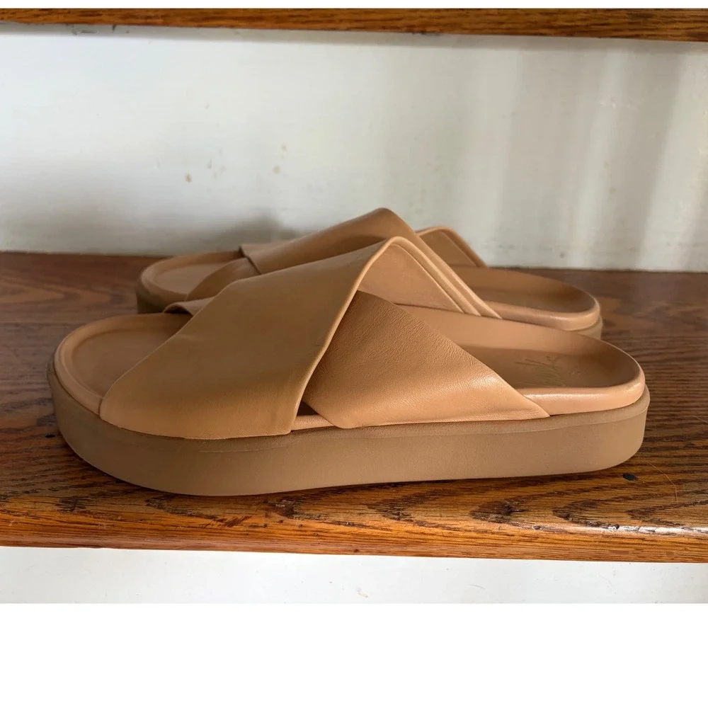 Beek Finch Tan Leather Platform Criss Cross‎ Slide Sandals Womens 8